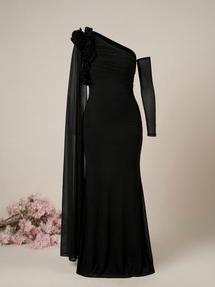 Maternity Black Bodycon Gown with Detachable Train and Sleeves