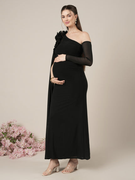 Maternity Black Bodycon Gown with Detachable Train and Sleeves
