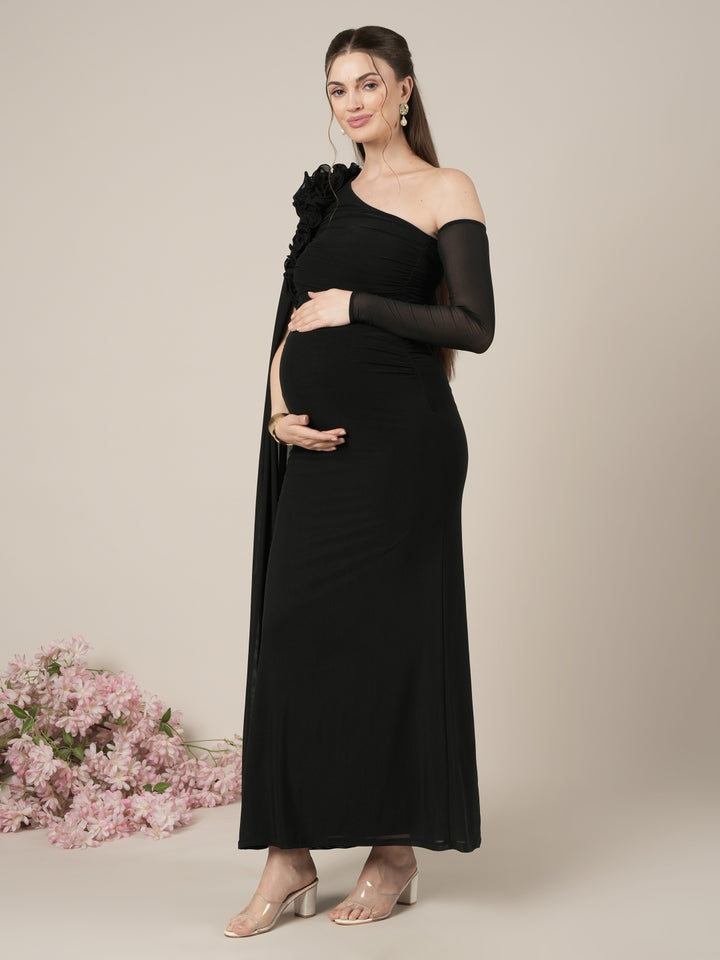 Maternity Black Bodycon Gown with Detachable Train and Sleeves
