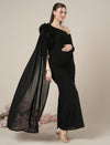 Maternity Black Bodycon Gown with Detachable Train and Sleeves