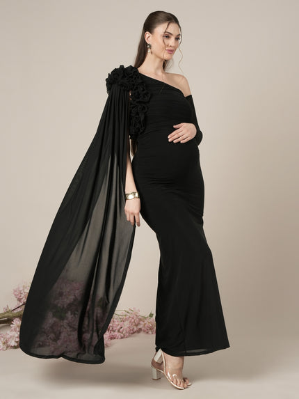 Maternity Black Bodycon Gown with Detachable Train and Sleeves