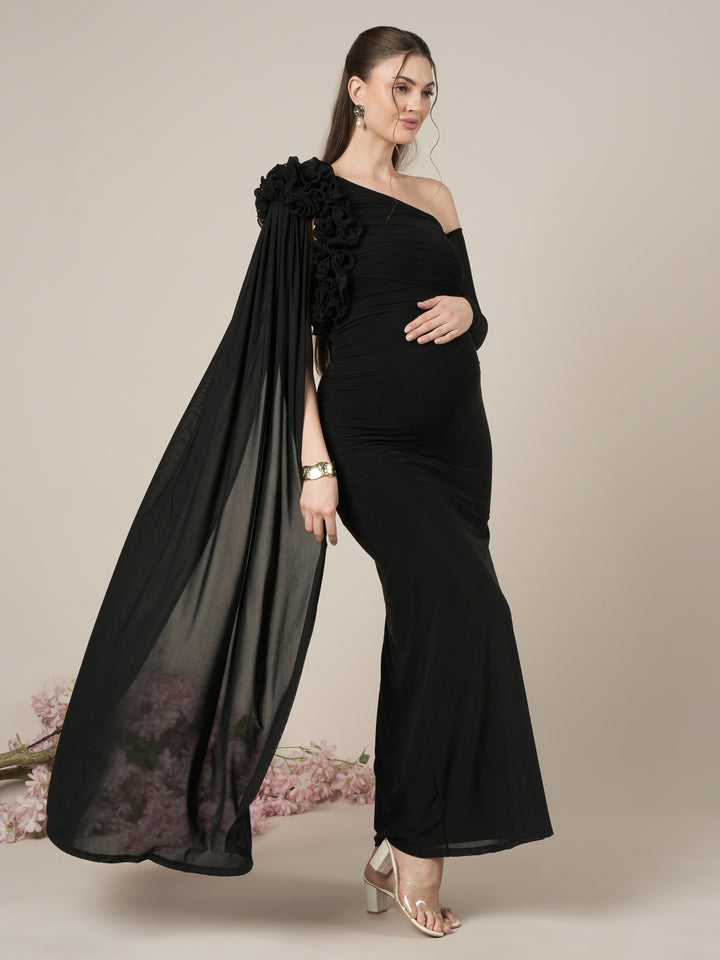 Maternity Black Bodycon Gown with Detachable Train and Sleeves