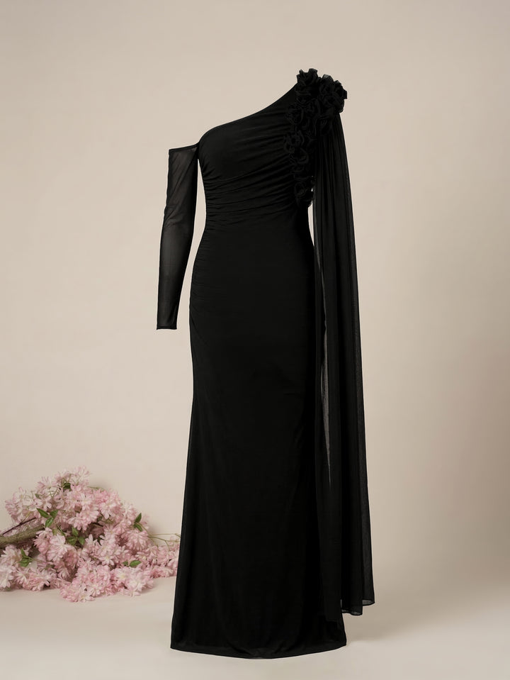 Maternity Black Bodycon Gown with Detachable Train and Sleeves