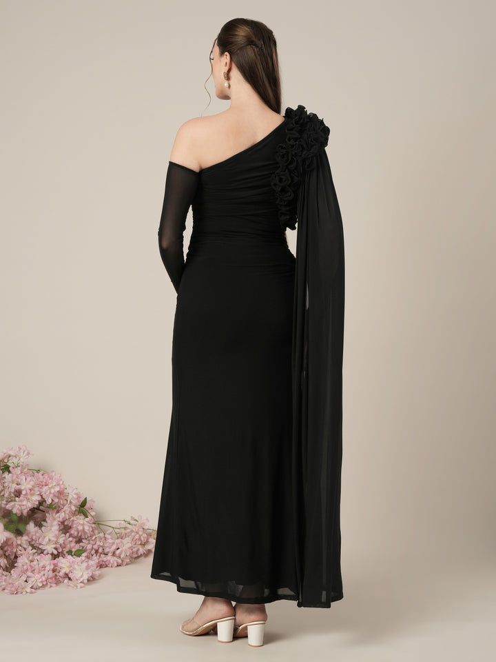 Maternity Black Bodycon Gown with Detachable Train and Sleeves