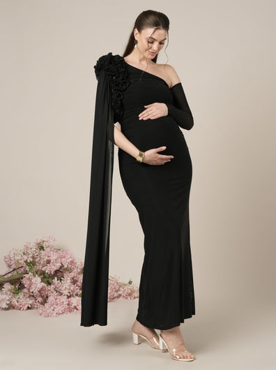 Black Baby Shower Maternity Shoot Bodycon Gown with Detchable Sleeve