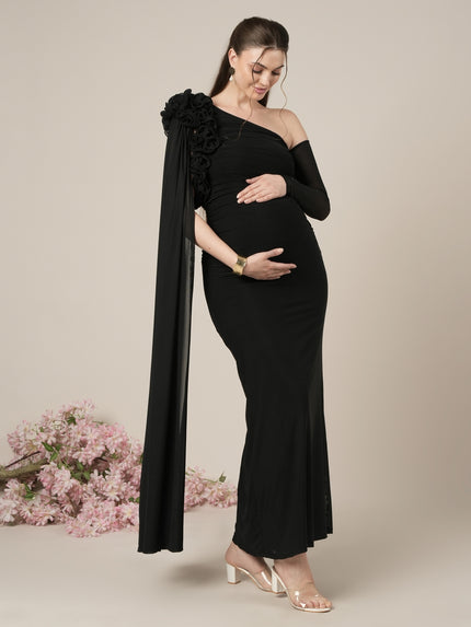 Maternity Black Bodycon Gown with Detachable Train and Sleeves