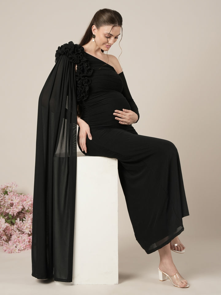 Black Baby Shower Maternity Shoot Bodycon Gown with Detachable Sleeve