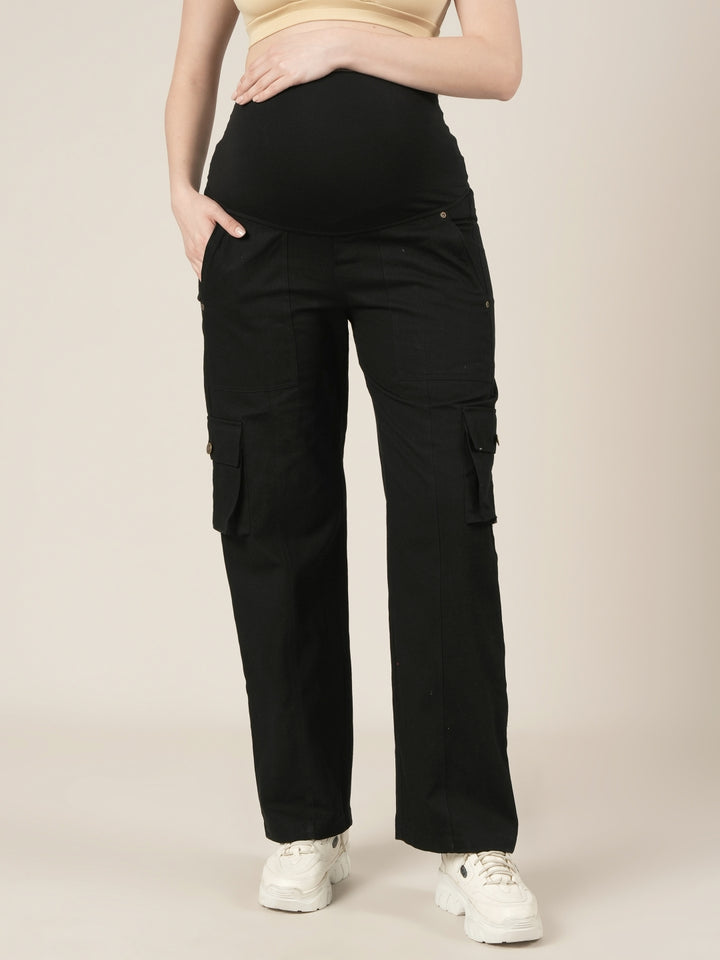 Black Maternity Cotton Cargo Pants