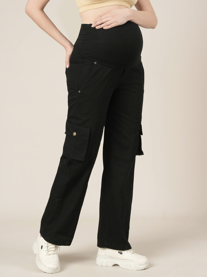 Black Maternity Cotton Cargo Pants