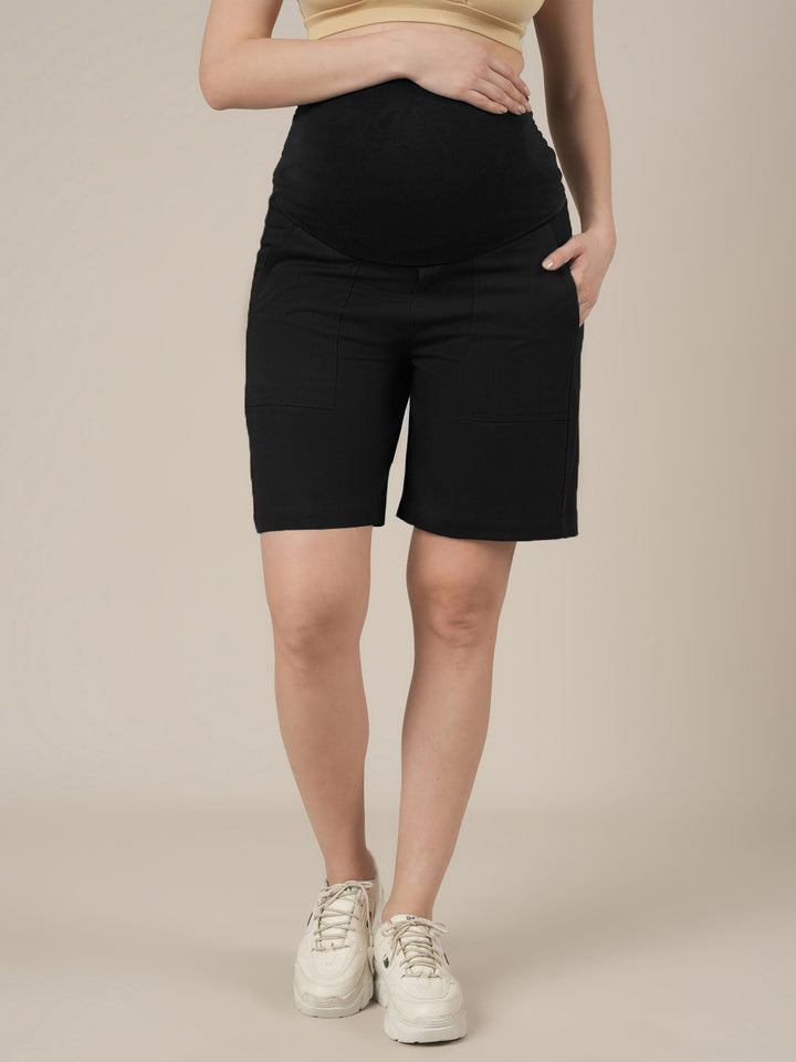 Black Maternity Cotton High Rise Shorts