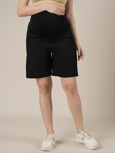 Black Maternity Cotton High Rise Shorts