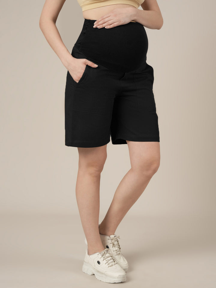 Black Maternity Cotton High Rise Shorts