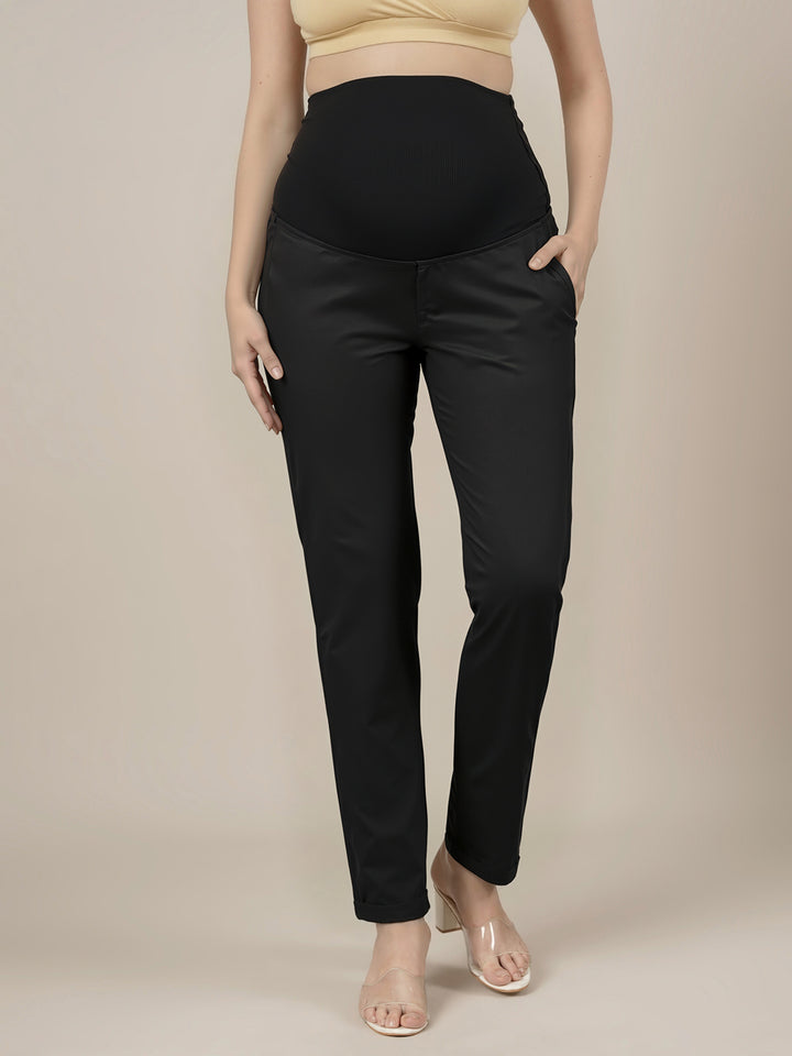 Stretchy Cotton Tapered Fit Maternity Pants-Black