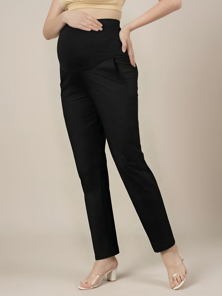 Stretchy Cotton Tapered Fit Maternity Pants-Black