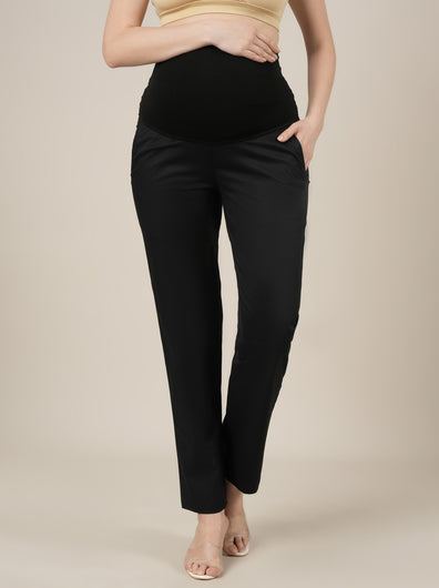 Stretchy Cotton Straight Fit Maternity Pants-Black
