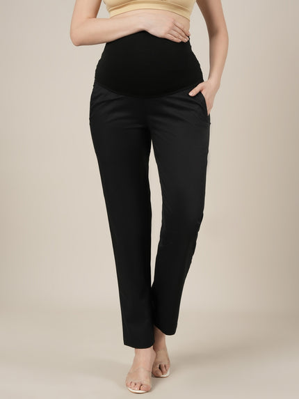 Stretchy Cotton Straight Fit Maternity Pants-Black
