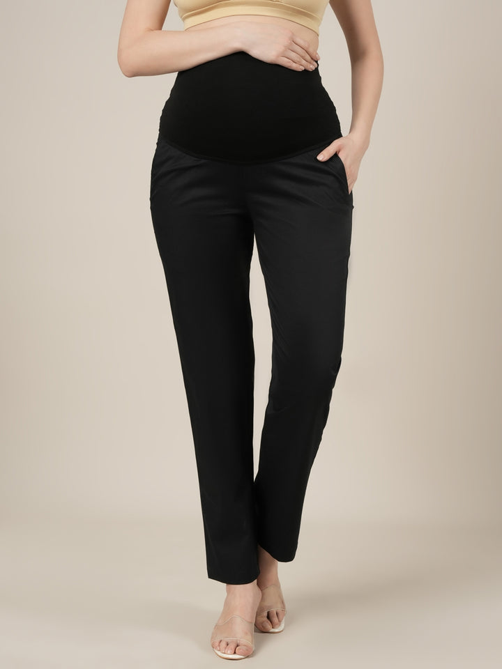 Stretchy Cotton Straight Fit Maternity Pants-Black