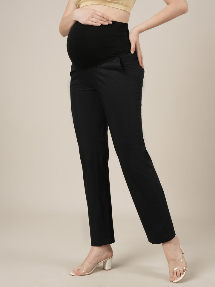 Stretchy Cotton Straight Fit Maternity Pants-Black