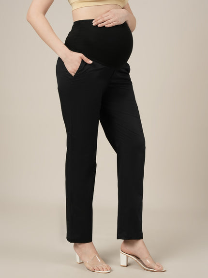Stretchy Cotton Straight Fit Maternity Pants-Black