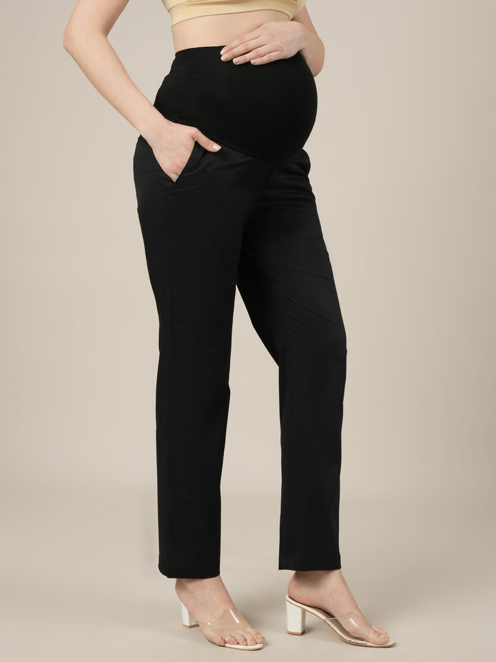 Stretchy Cotton Straight Fit Maternity Pants-Black