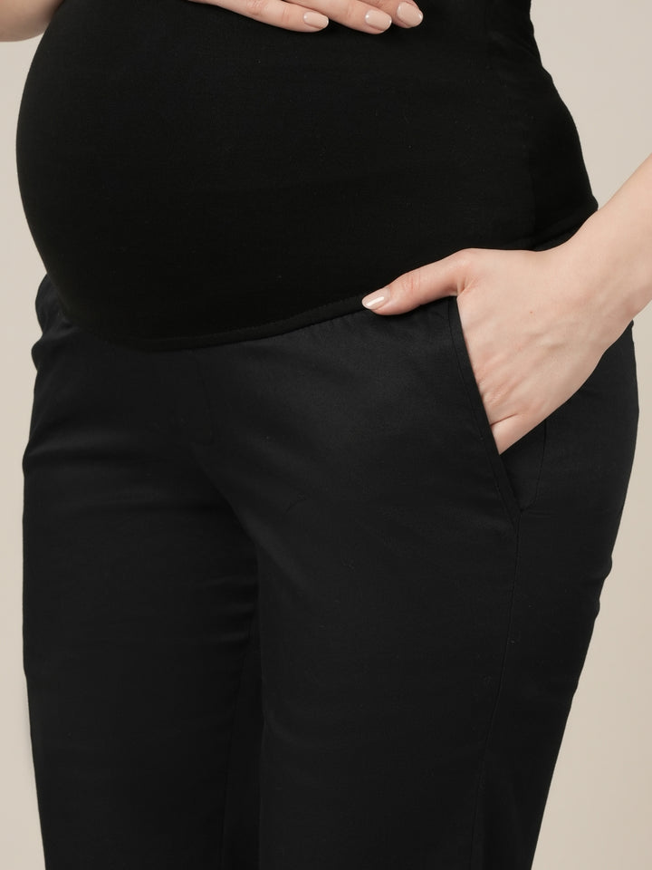 Stretchy Cotton Straight Fit Maternity Pants-Black