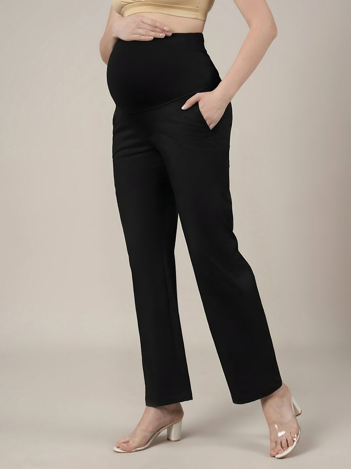 Stretchy Cotton Wide Leg Maternity Pants-Black