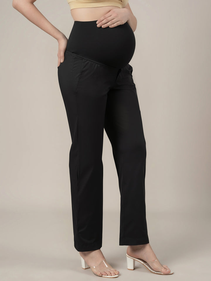 Stretchy Cotton Wide Leg Maternity Pants-Black