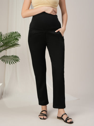 Black Maternity Denim Pants Tapered Straight Fit