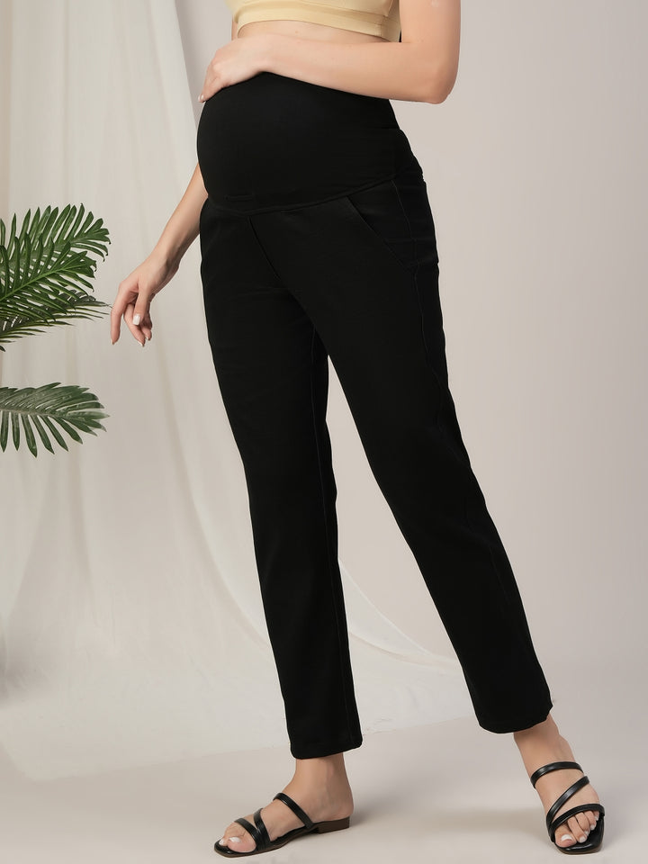 Black Maternity Denim Pants Tapered Straight Fit