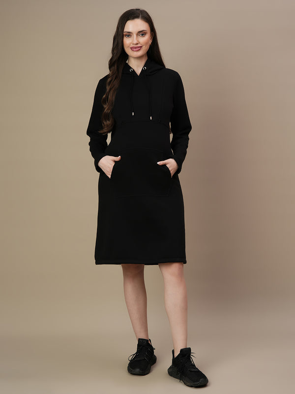Fleece Hoodie Maternity Winter Dress-Black