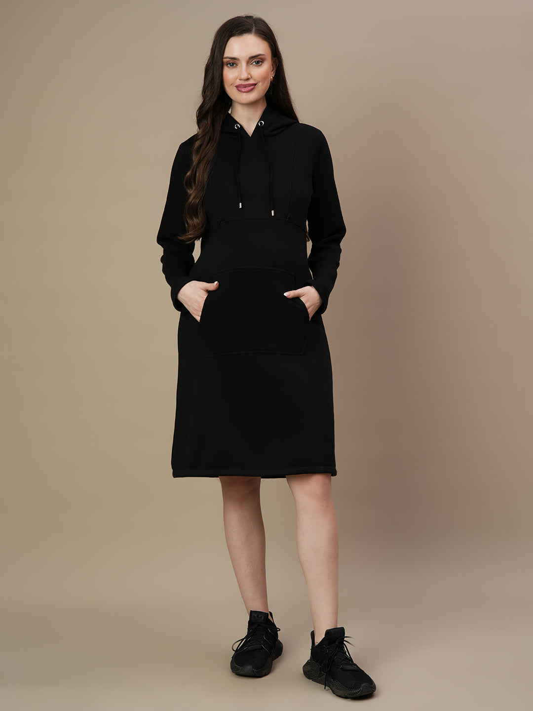 Fleece Hoodie Maternity Winter Dress-Black Fleece Hoodie Maternity Winter Dress-Black