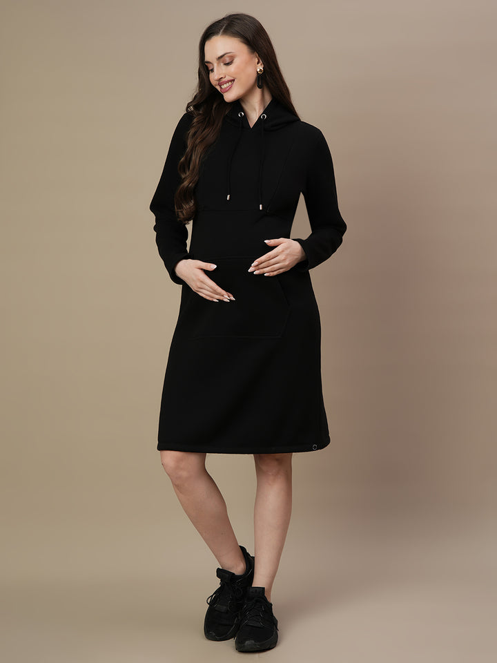 Fleece Hoodie Maternity Winter Dress-Black