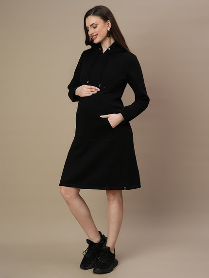 Fleece Hoodie Maternity Winter Dress-Black Fleece Hoodie Maternity Winter Dress-Black