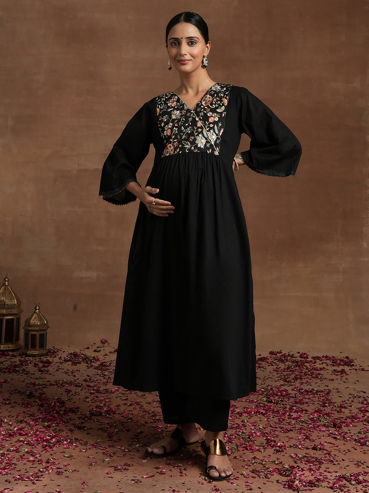 Black Maternity Kurta Set with Embroidered Yoke