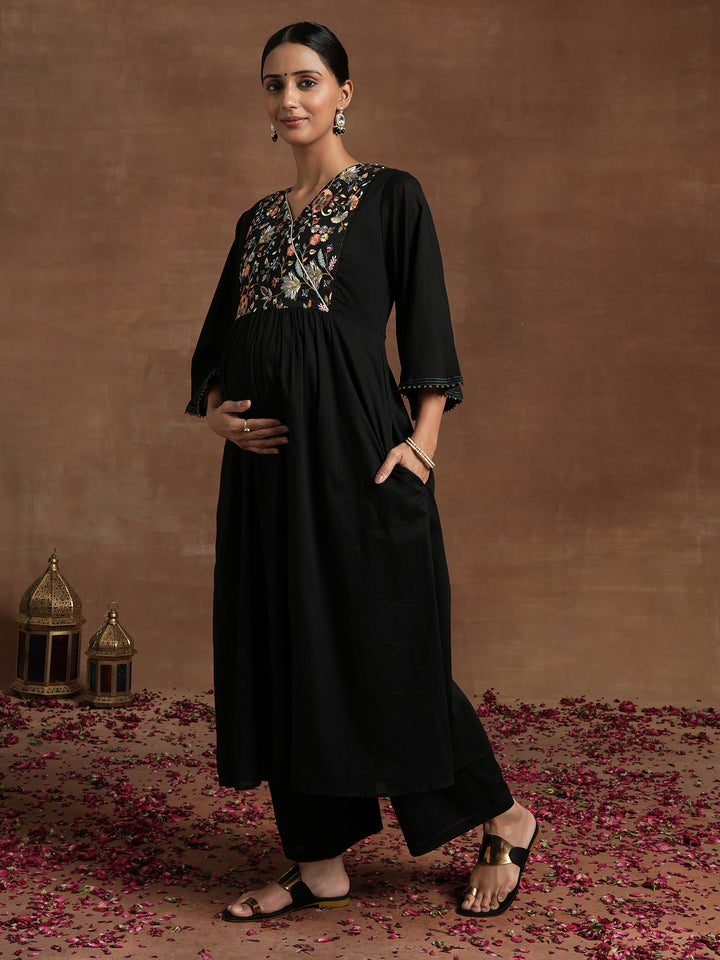 Black Maternity Kurta Set with Embroidered Yoke