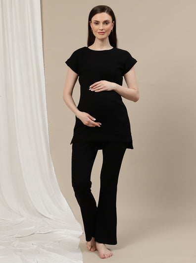 Maternity Rib Co-ord Set- Black