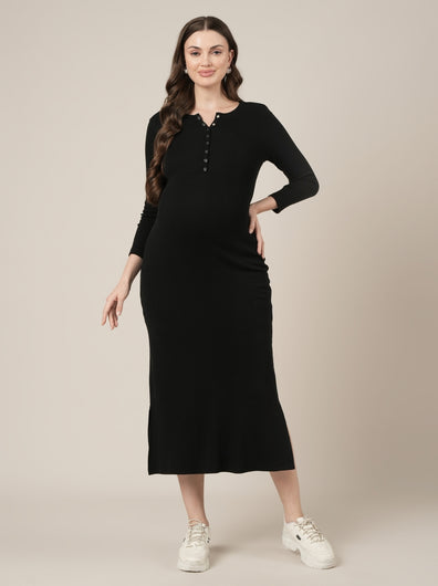 Black Maternity & Nursing Midi Bodycon Dress