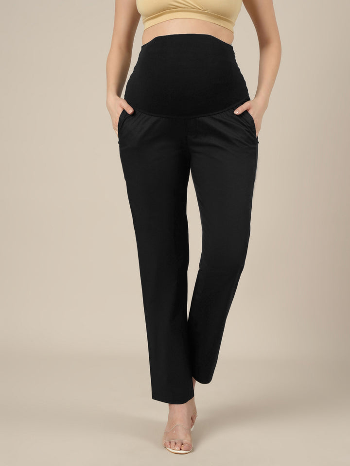 Stretchy Cotton Straight Fit Maternity Trousers-Black