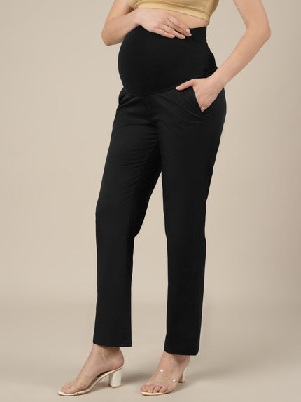 Stretchy Cotton Straight Fit Maternity Trousers-Black