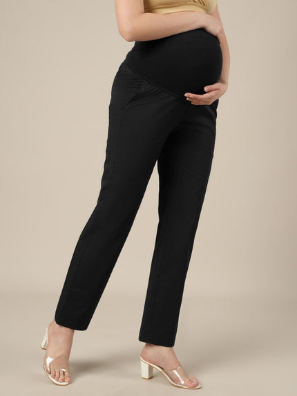 Stretchy Cotton Straight Fit Maternity Trousers-Black