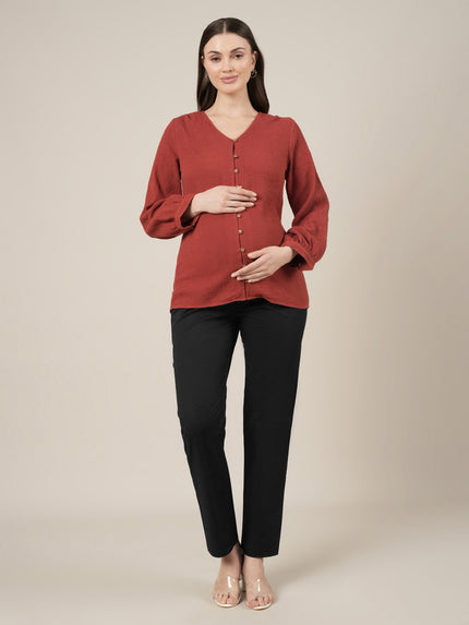 Stretchy Cotton Straight Fit Maternity Trousers-Black