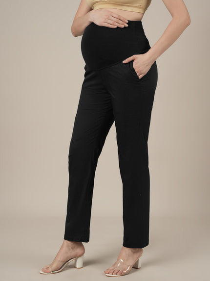 Stretchy Cotton Tapered Fit Maternity Trousers-Black