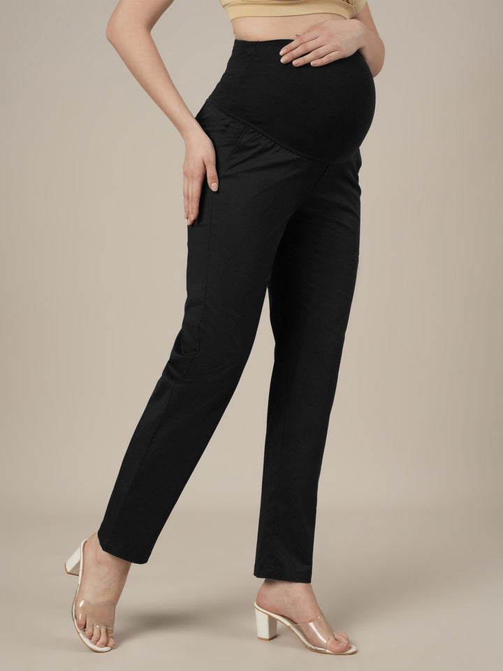 Stretchy Cotton Tapered Fit Maternity Trousers-Black