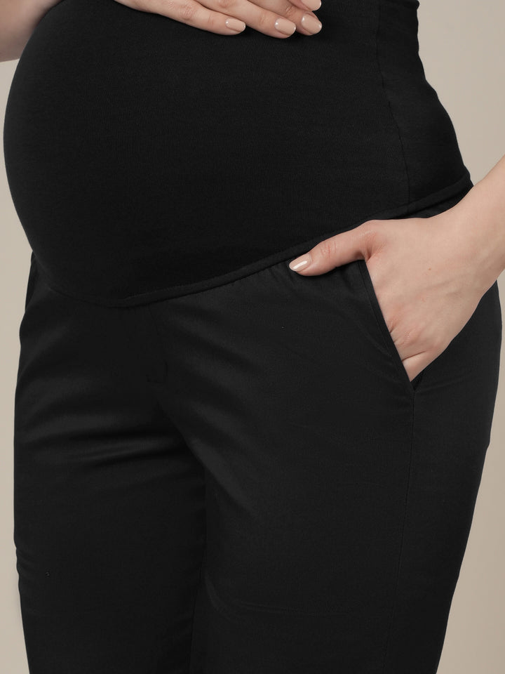 Stretchy Cotton Tapered Fit Maternity Trousers-Black