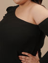 Close-up view of Black Plus Size One Shoulder Dress showing ruched bodice and soft satin texture