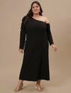 Plus-size woman in front view wearing Black Plus Size One Shoulder Dress with fitted shape and one-shoulder neckline
