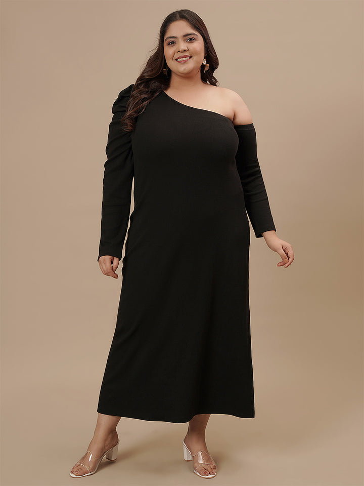 Plus-size woman in front view wearing Black Plus Size One Shoulder Dress with fitted shape and one-shoulder neckline