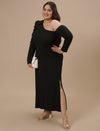 Plus-size woman in front pose wearing Black Plus Size One Shoulder Dress featuring ruched detail and thigh slit
