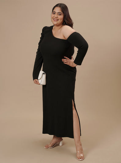 Plus-size woman in front pose wearing Black Plus Size One Shoulder Dress featuring ruched detail and thigh slit