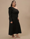 Plus-size woman in left side view wearing Black Plus Size One Shoulder Dress with thigh-high slit and fitted waist